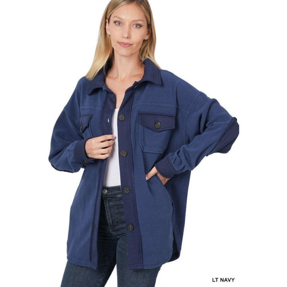 Zenana Oversized Fleece Shacket Button Up Pockets Light Navy S-XL QJ-4003D4
